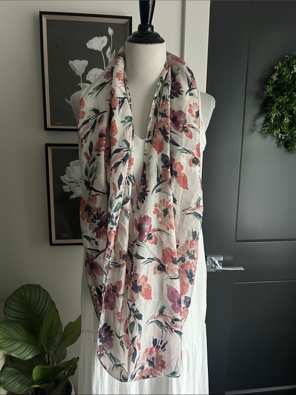 Lightweight Floral Infinity Scarf Dress Accent - White purple Pink & Green